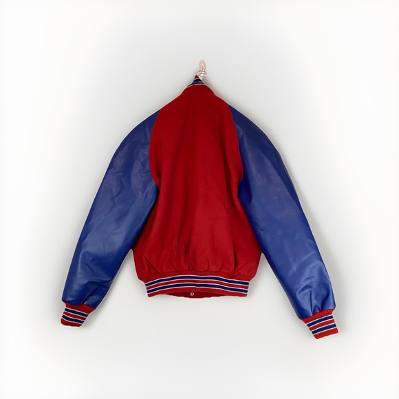 OMNI SPORTS Men's WOOL / LEATHER SLEEVE RED/BLUE VARSITY LETTERMAN JACKET - S - Picture 2 of 12